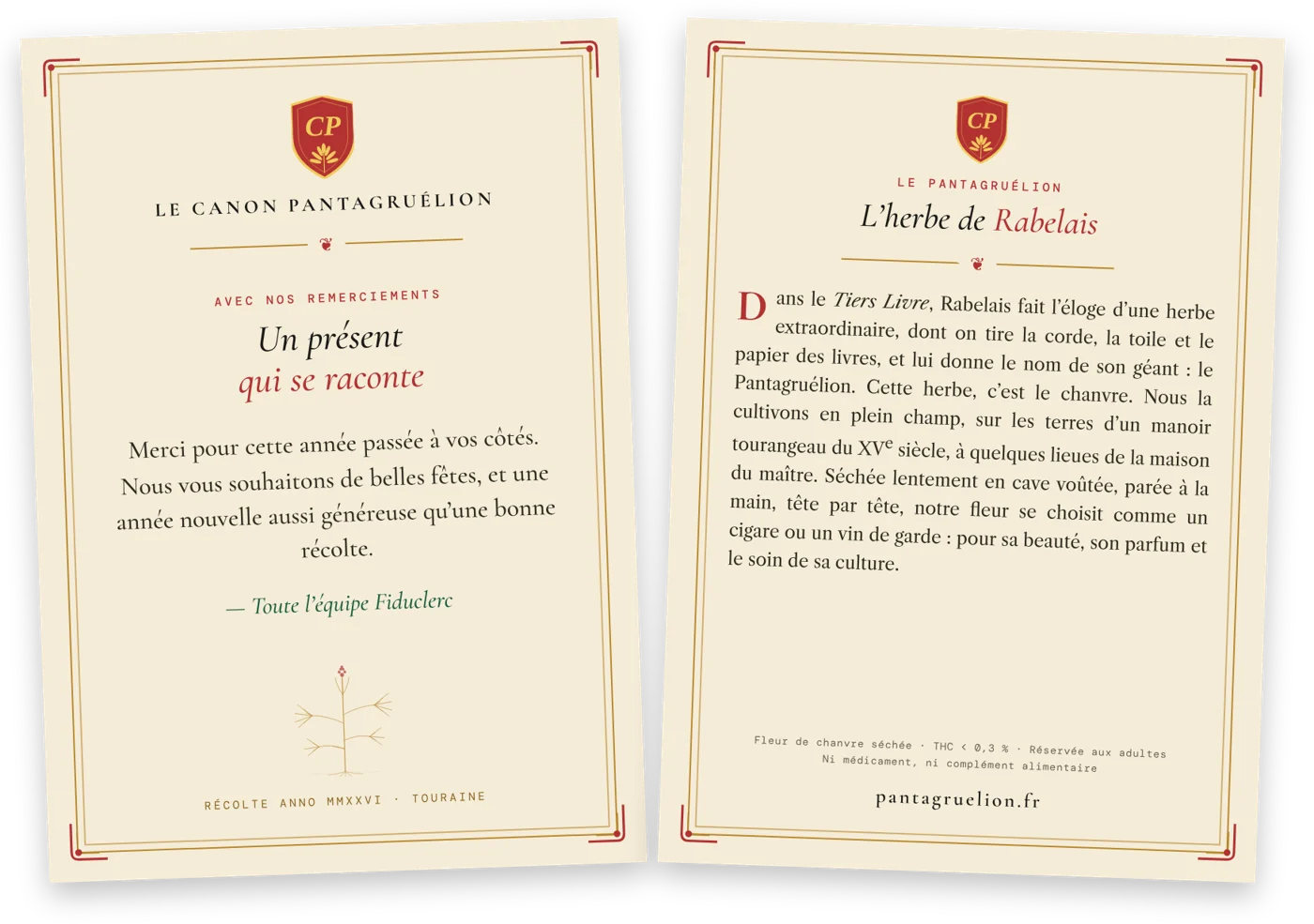 Exemple de carte enluminée : au recto un message de remerciements signé par une entreprise, au verso le récit du Pantagruélion